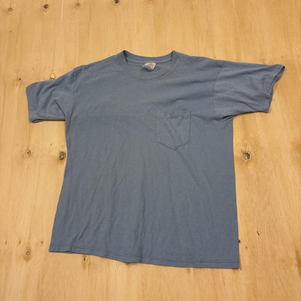 Vintage Fieldmaster Shirt Men Large Blue 50/50 Pocket Tee Single Stitch Made USA